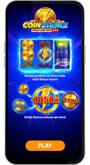 Coin Strike ekran główny z widocznymi czterema jackpotami Grand, Major, Minor i Mini oraz siatką owocowych symboli