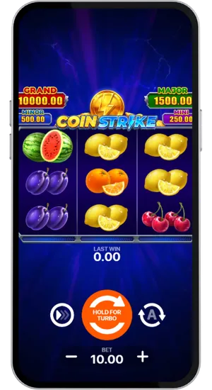 Coin Strike ekran wprowadzenia pokazujący mechanikę Strike Bonus zbierającego monety oraz aktywację rundy Hold and Win
