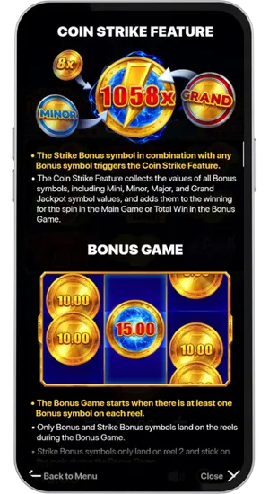 Coin Strike ekran pomocy z opisem funkcji Coin Strike Feature oraz zasadami rundy Bonus Game z monetami na bębnach