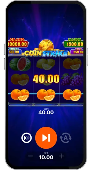 Coin Strike wygrana na linii trzech pomarańczy z wypłatą czterdziestu złotych przy zakładzie dziesięć złotych